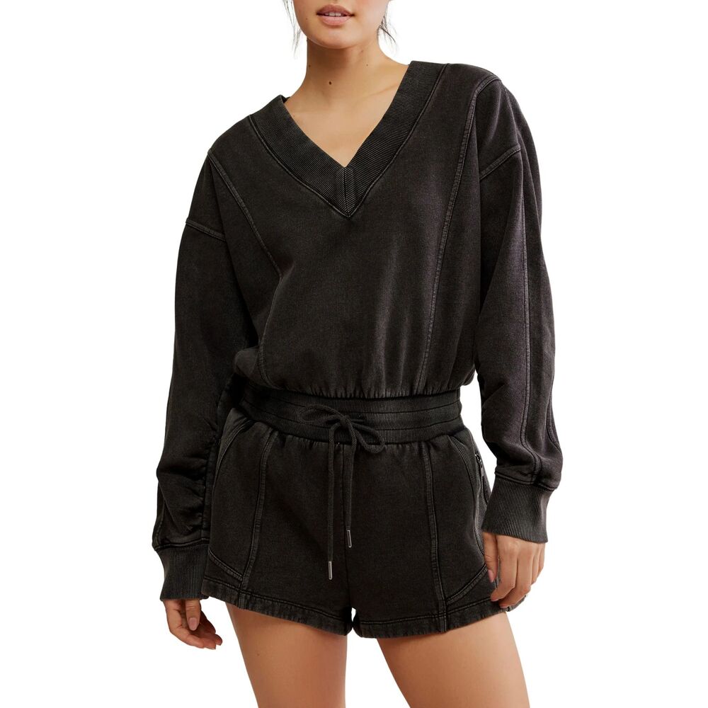 Free People FP Movement Intercept Black Washed Romper Drawstring Size Small